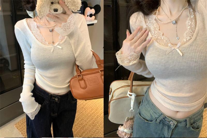 Long-Sleeve V-Neck Bow Lace Trim Ribbed Knit Top Product Image