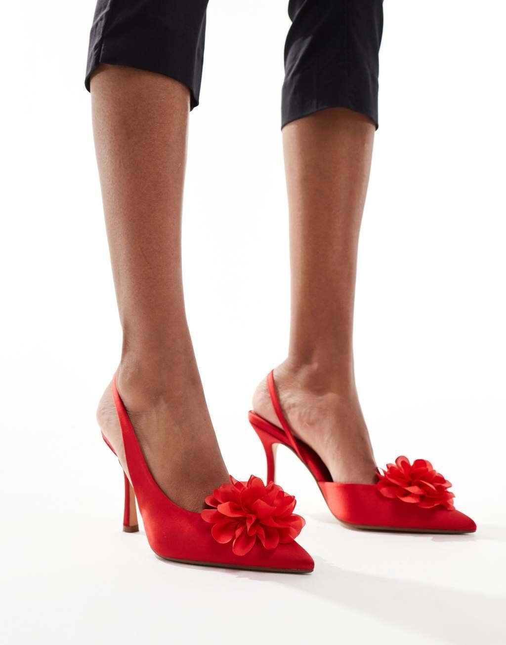 Glamorous slingback heeled shoes with flower in red Product Image