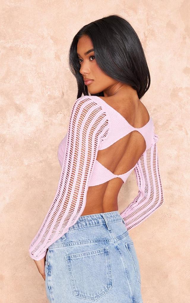 Pink Crochet Knit Cut Out Contrast Sleeve Crop Top Product Image