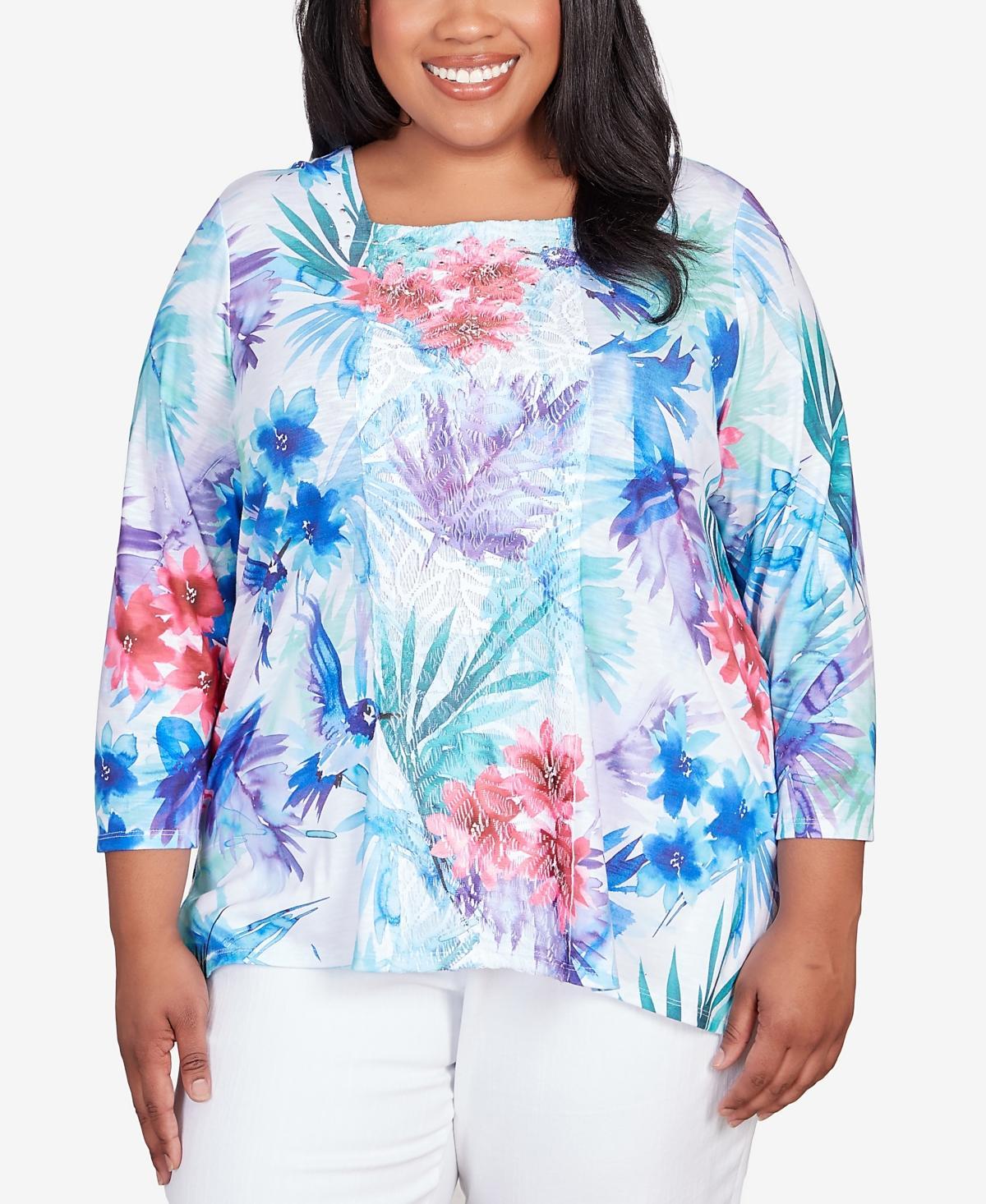 Alfred Dunner Plus Size Classic Brights Tropical Birds Lace Paneled Top Product Image