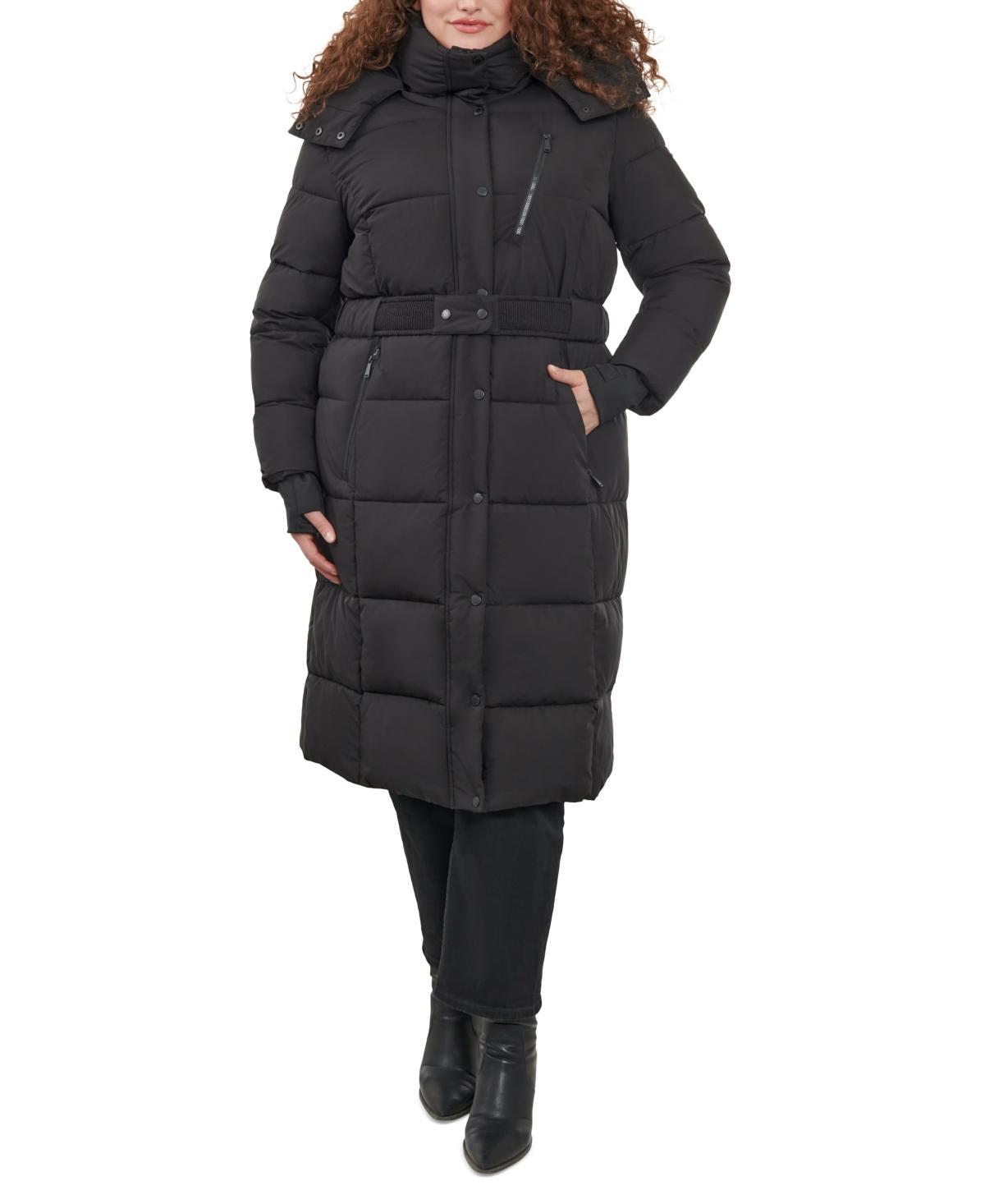 BCBGeneration Womens Plus Size Belted Hooded Puffer Coat Product Image