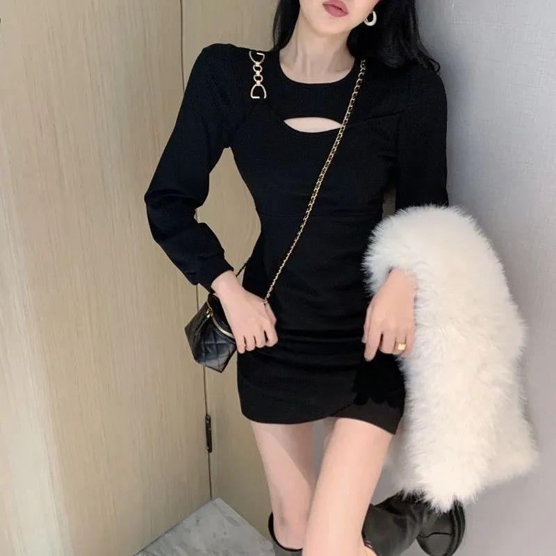 Long-Sleeve Crew Neck Plain Cutout Asymmetrical Mini Sheath Dress Product Image