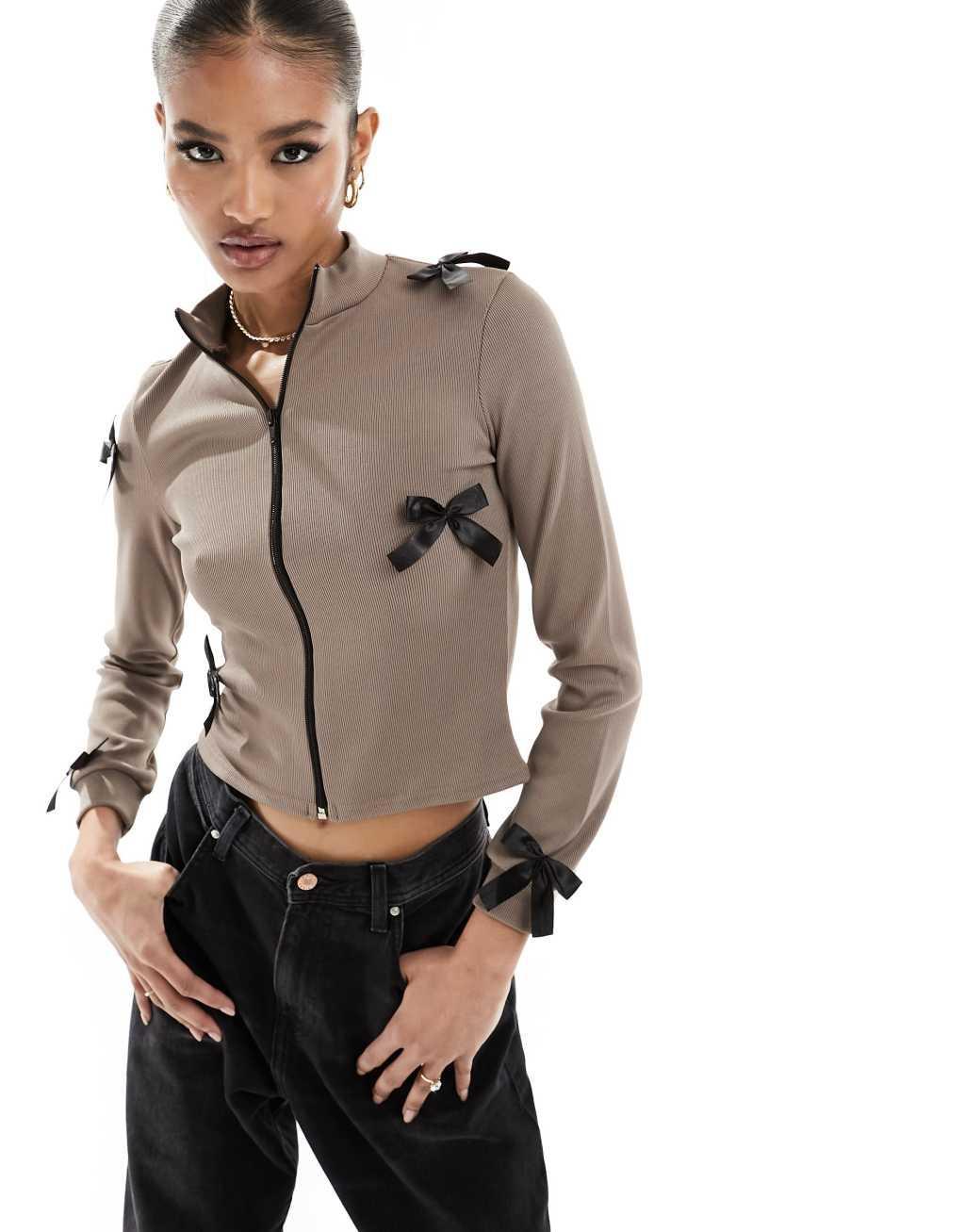 Fashionkilla ribbed zip through contrast bow detail sweater in mocha Product Image