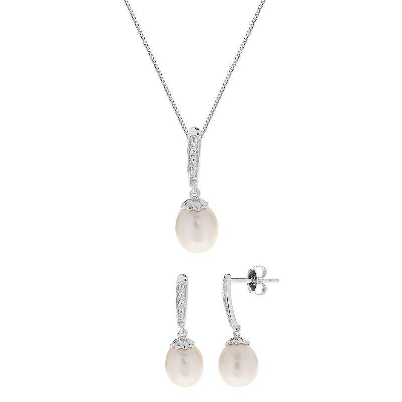 PearLustre by Imperial Sterling Silver Freshwater Cultured Pearl & White Topaz Pendant Necklace & Drop Earrings Set, Womens Product Image