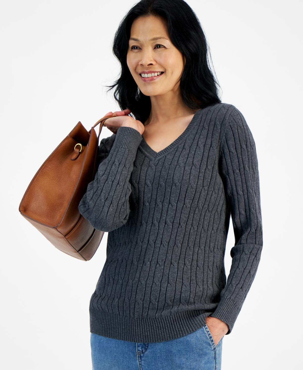 Style & Co Womens Cotton Cable-Knit V-Neck Sweater, Created for Macys Product Image