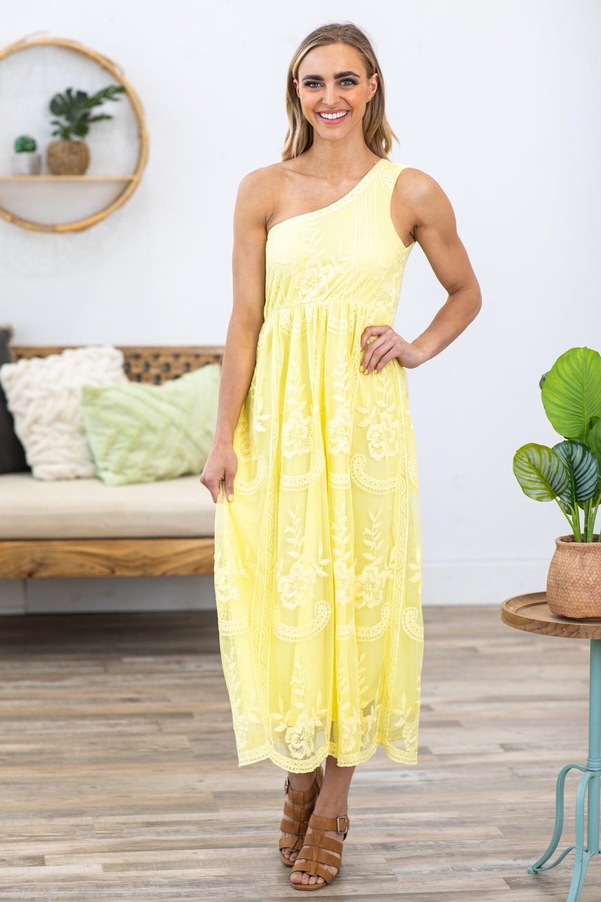 Pastel Yellow Eyelet One Shoulder Midi Dress Product Image