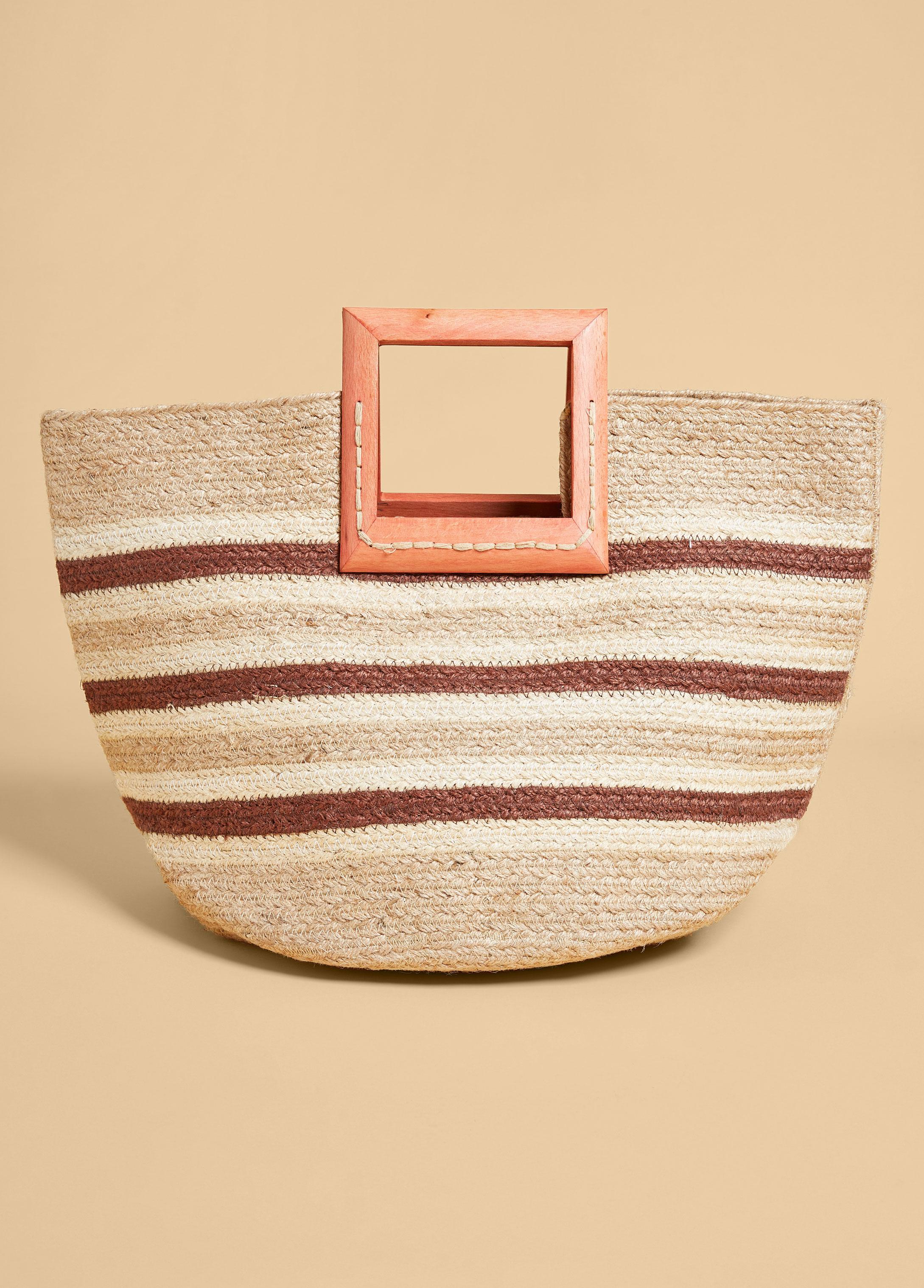 Striped Straw And Wood Tote Product Image