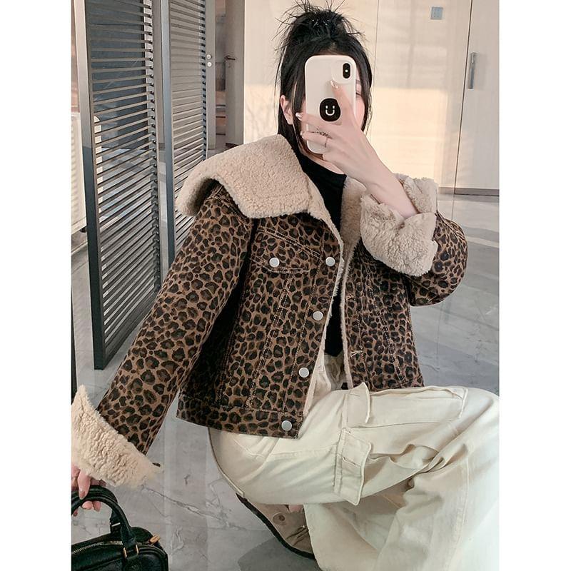 Collared Fleece Lined Leopard Button Jacket Product Image