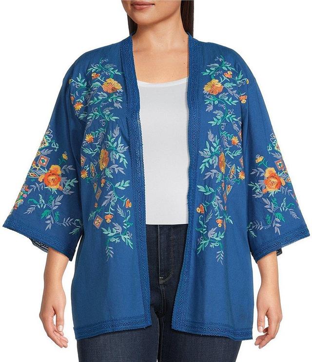 Calessa Plus Size Embroidered Lace Trim Detail Long Sleeve Open-Front Kimono Cardigan Product Image