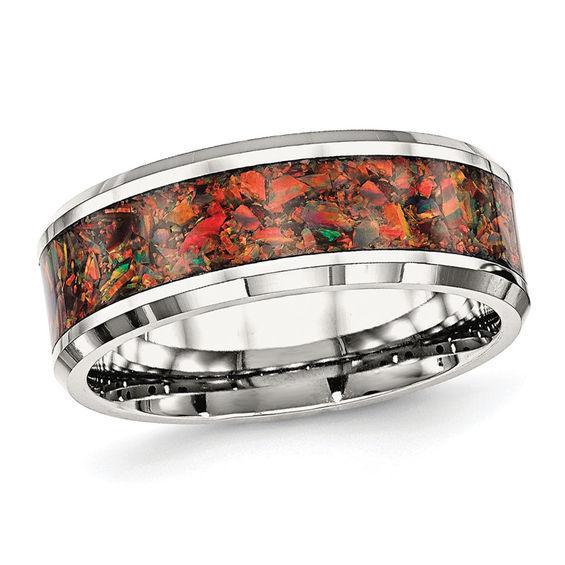 Men's 8.0mm Simulated Red Opal Inlay Wedding Band in Stainless Steel Product Image