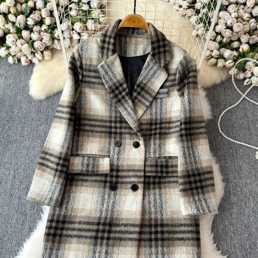 Double Breasted Plaid Long Coat Product Image