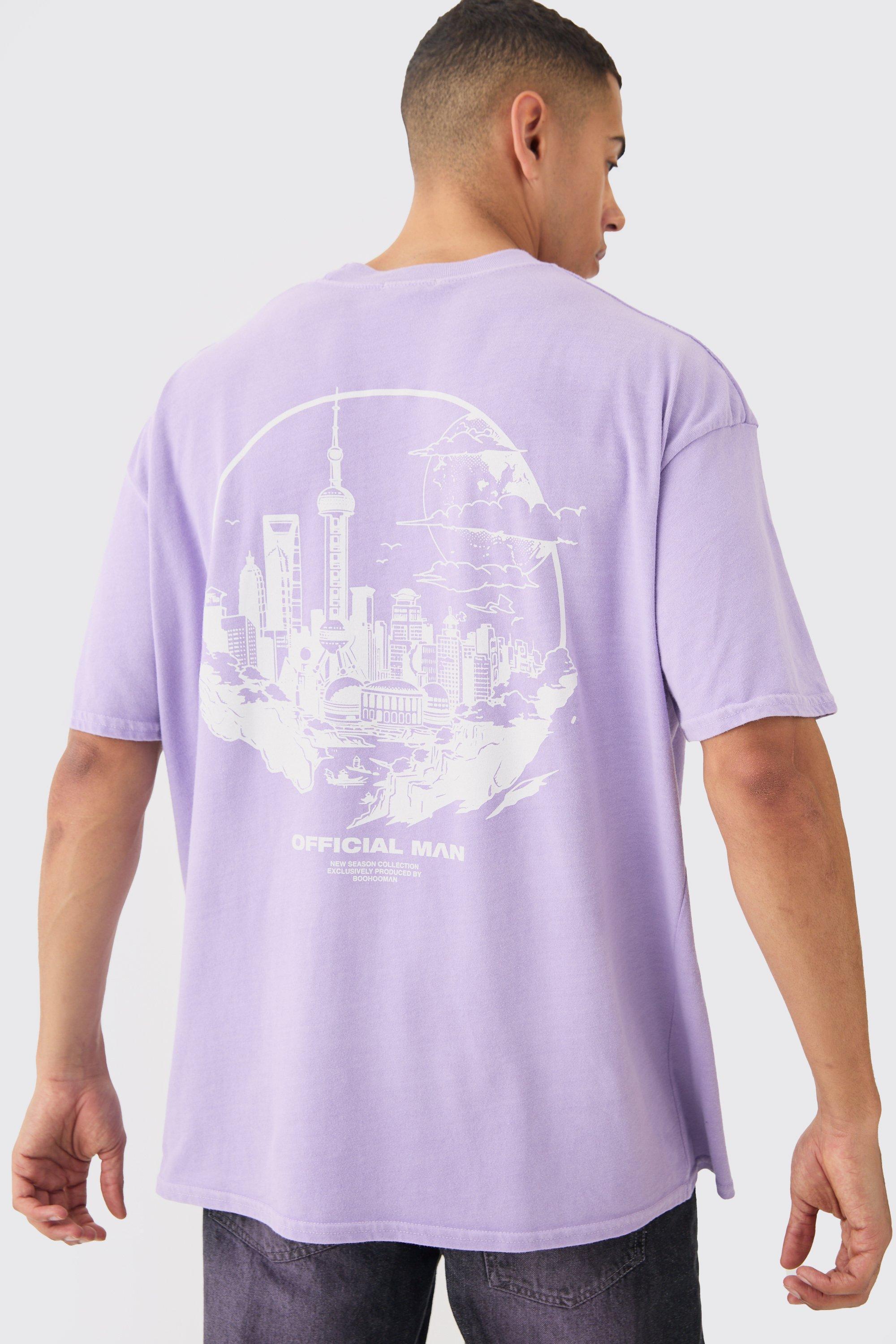 Mens Purple Oversized City Back Print Stencil Wash T-shirt, Purple Product Image