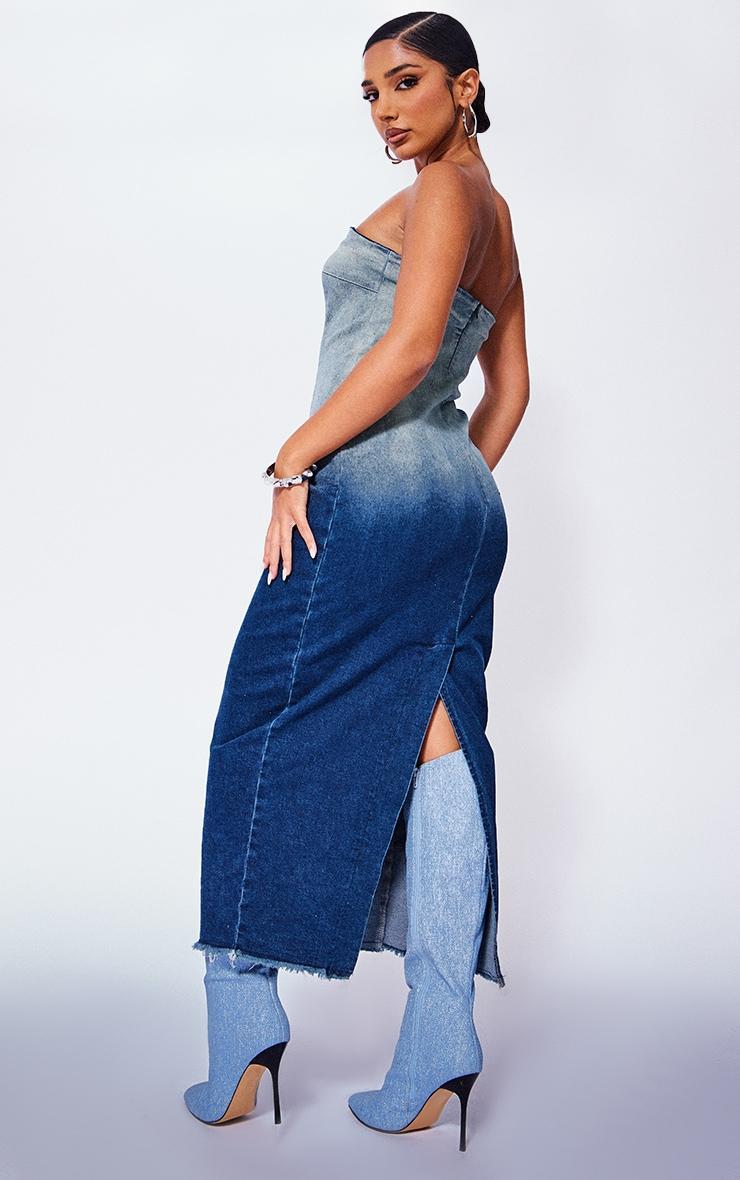 Petite Blue Washed Ombre Denim Bandeau Midaxi Dress Product Image