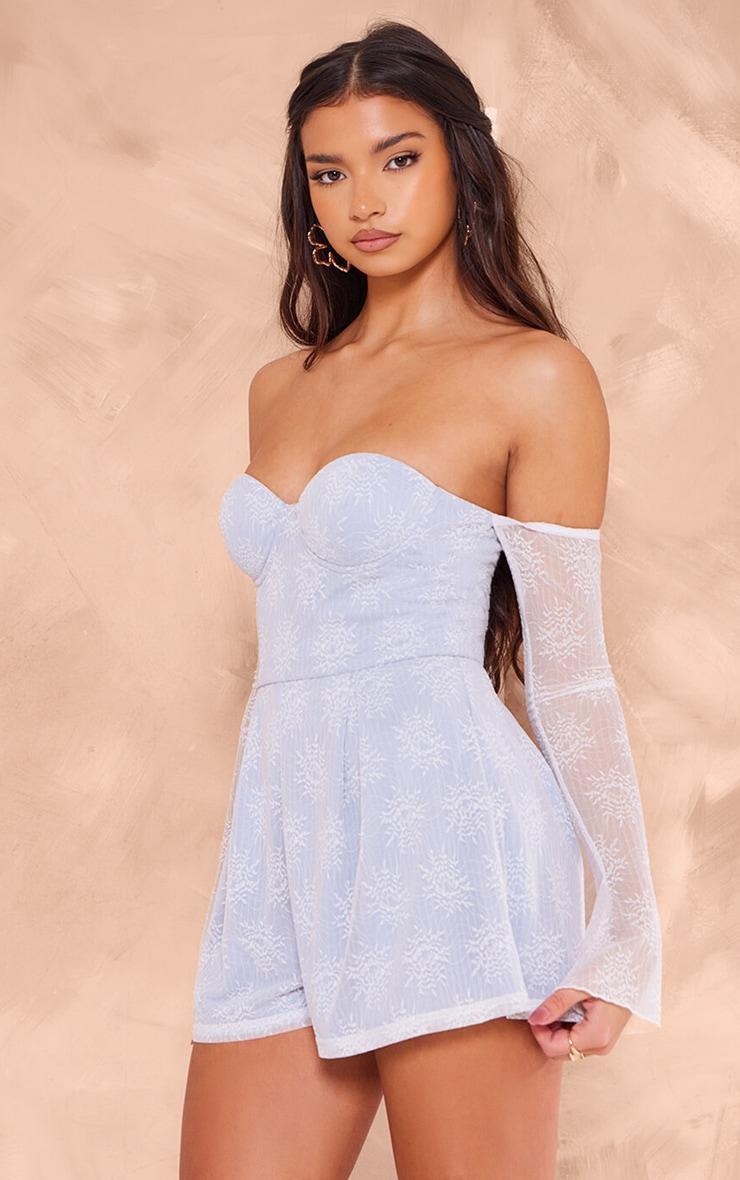 Blue Lace Bardot Sleeve Pintuck Romper Product Image