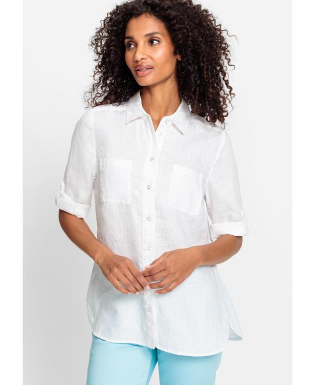 Olsen Womens Cotton Linen Shirt with Rolled Sleeve Tab Detail Product Image