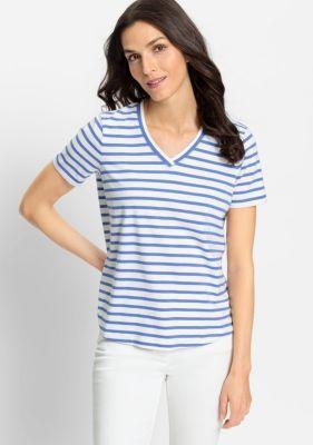 Olsen Womens Cotton Blend Short Sleeve Striped V-Neck T-Shirt product image