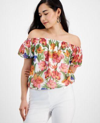 Petite Floral Print Puff-Sleeve Top, Created for Macy's Product Image