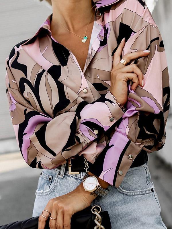 Long Sleeves Loose Buttoned Printed Lapel Blouses&Shirts Tops Product Image