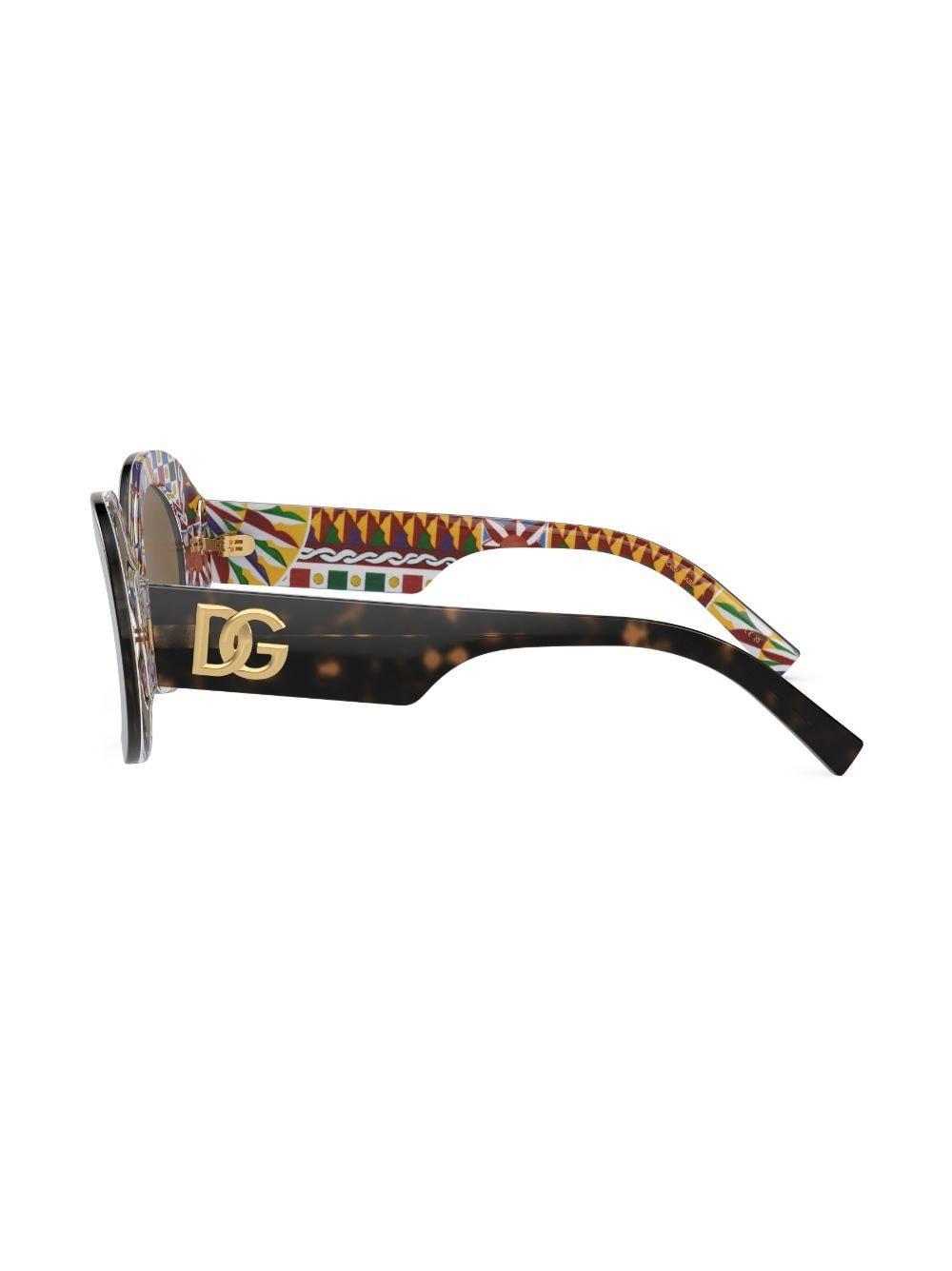 DOLCE & GABBANA Carretto-print Round-frame Sunglasses In Braun Product Image