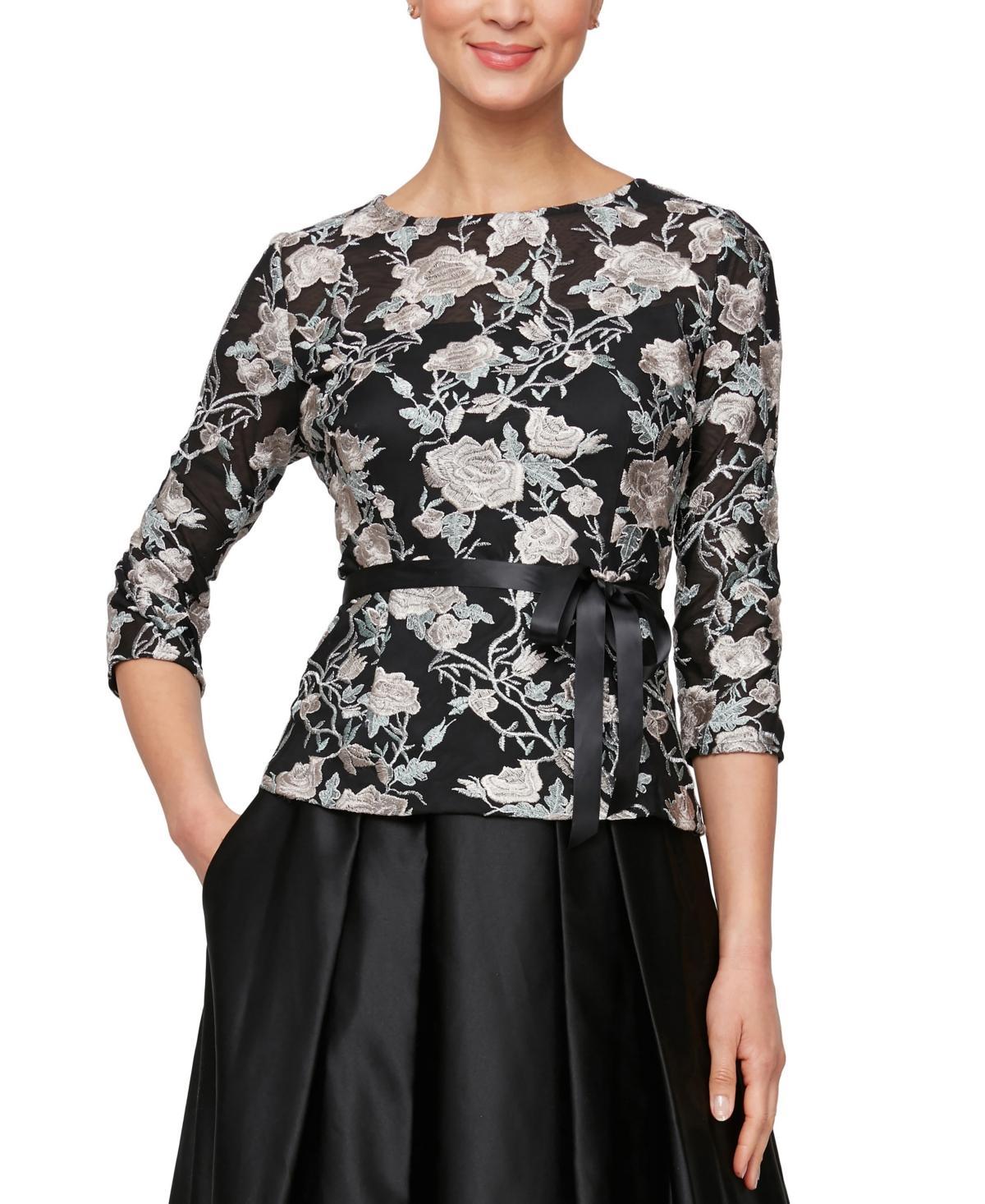 Alex Evenings Womens Embroidered Floral Belted Blouse Product Image