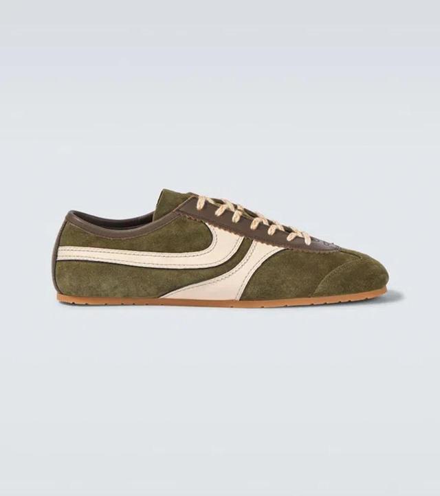 Leather-trimmed Suede Sneakers In Grün Product Image