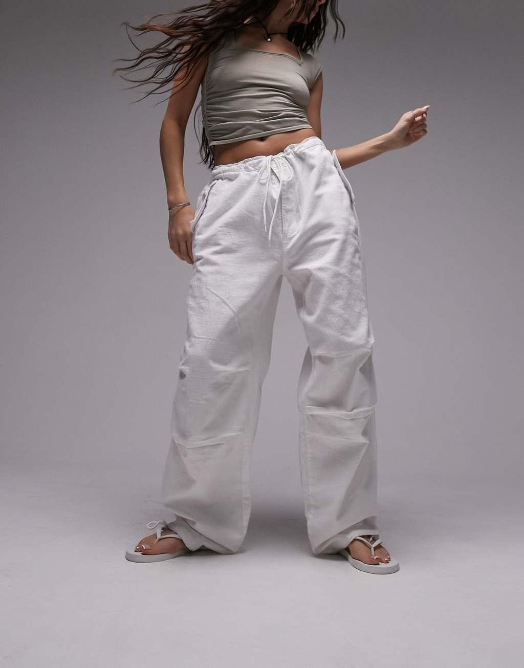 Topshop balloon parachute linen cargo pants in white Product Image