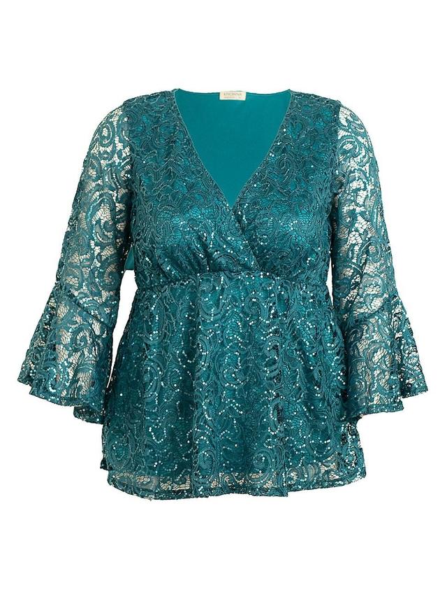 Womens Sequin Sparkle Bell-Sleeve Lace Blouse Product Image