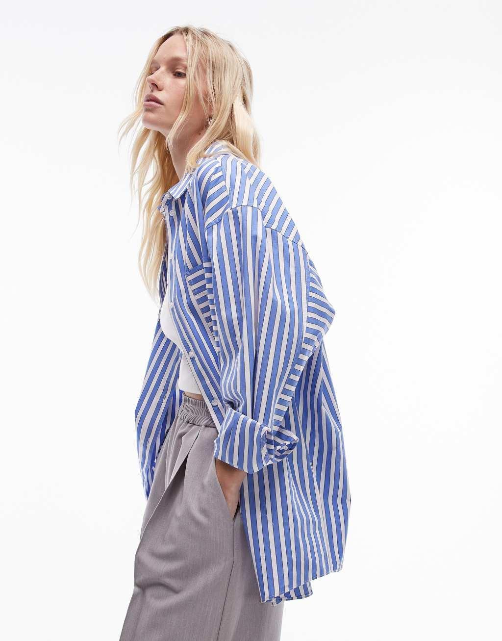 Topshop oversized shirt in blue wide stripe Product Image