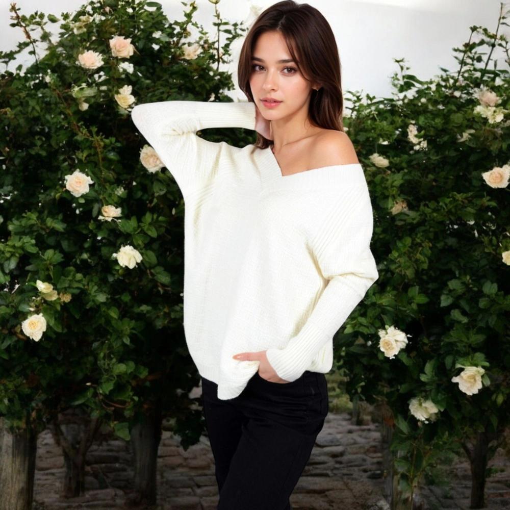 Anna-Kaci Women's Textured Knit Sweater with V-Neckline and Ribbed Sleeves - Small, White Product Image