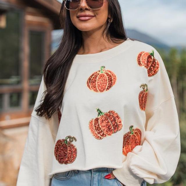 Pumpkin Spice Please Ivory Sequin Patch Sweatshirt Product Image