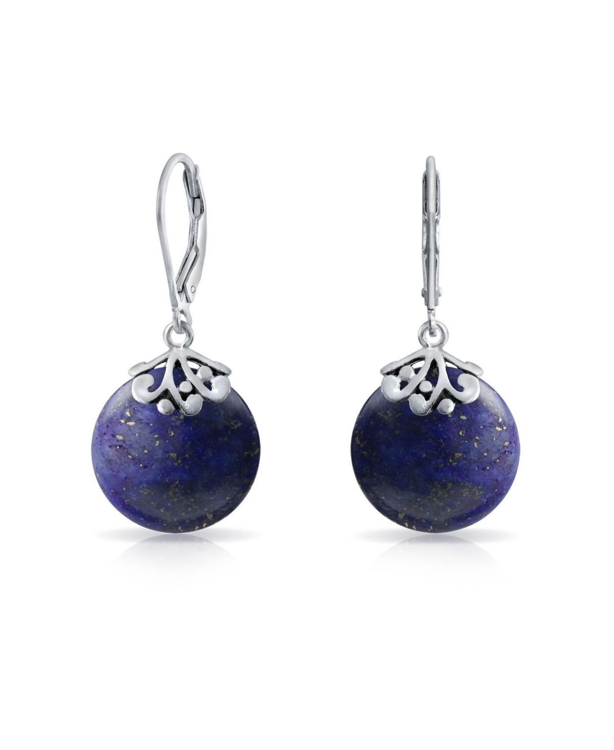 Western Style Filigree Lever Back Gemstones Blue Lapis Lazuli Flat Round Circle Disc Dangle Drops Earrings For Women.925 Sterling Silver Product Image