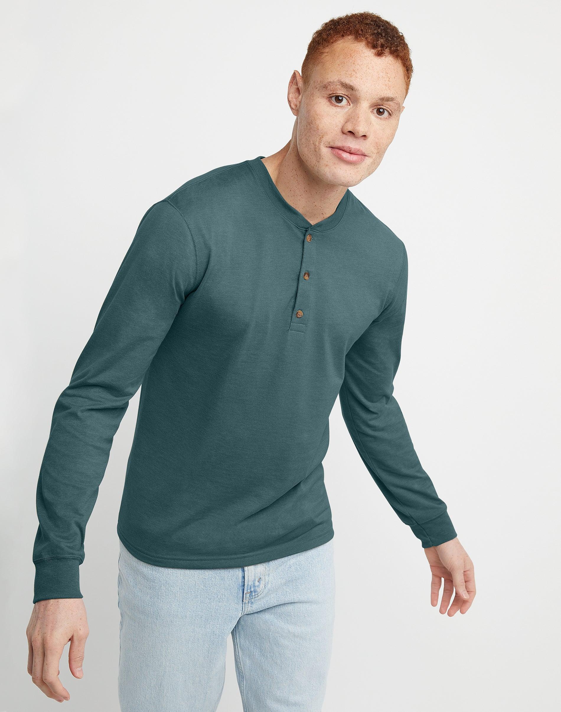 Mens Hanes Originals Cotton Long Sleeve Henley T-shirt Product Image