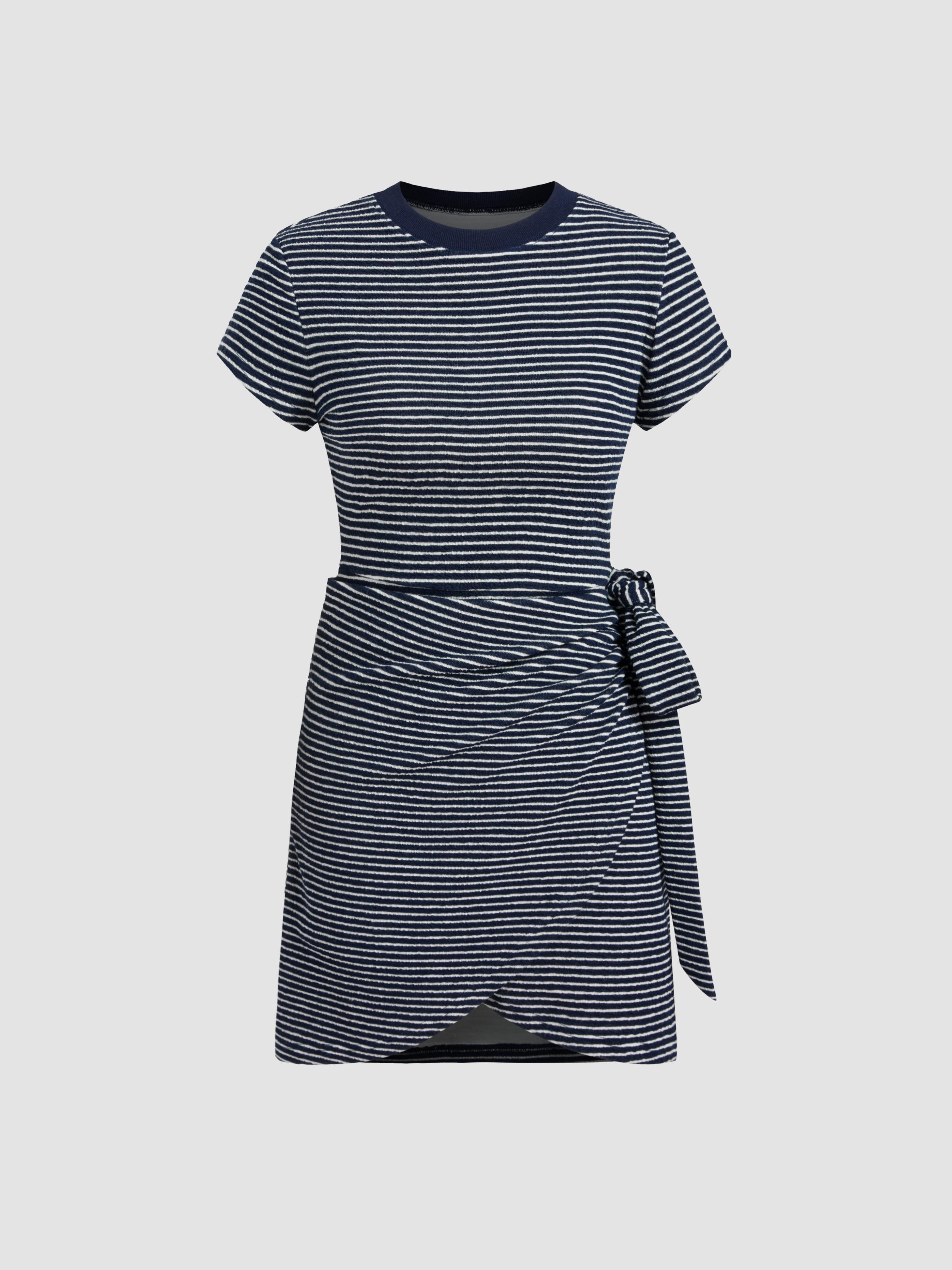 Cotton-blend Round Neckline Striped Knotted Wrap Mini Dress Product Image