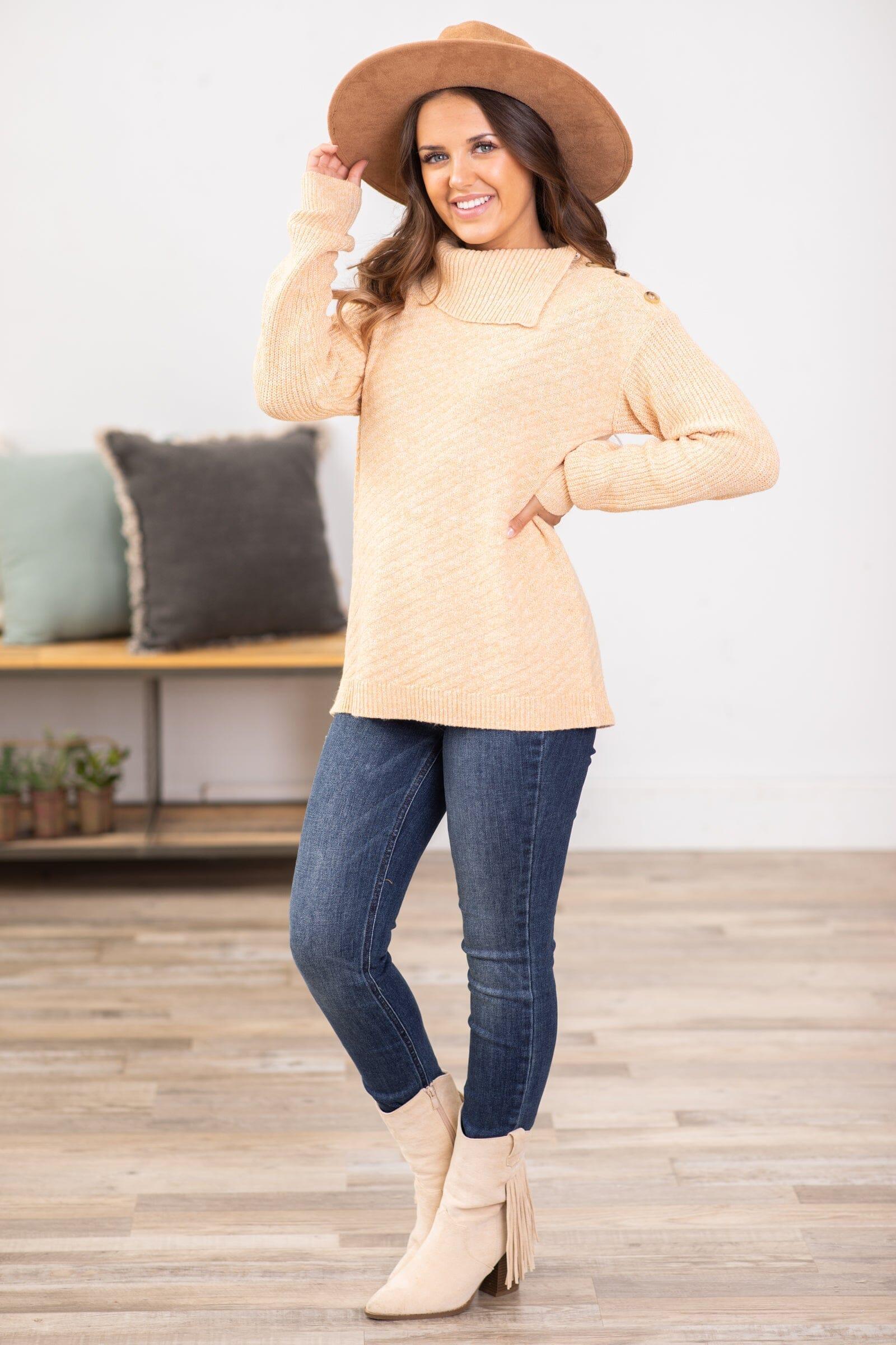 Tan Ribbed Split Neck Sweater With Buttons Product Image