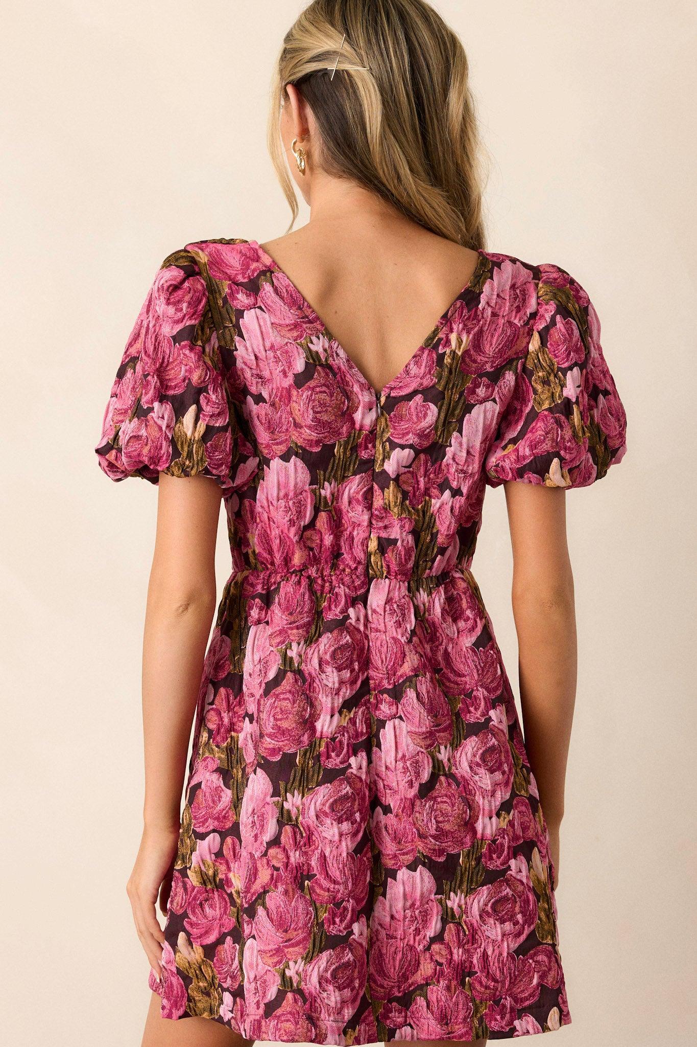 Change Of Pace Berry Floral Jacquard Puff Sleeve Mini Dress Product Image