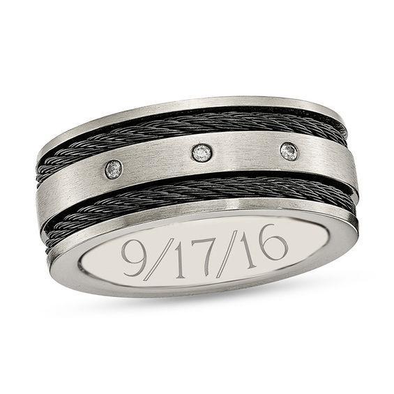 Men's 1/20 CT. T.w. Diamond Three Stone Engravable Brushed Cable Wedding Band in Titanium and Black IP (1 Line) Product Image