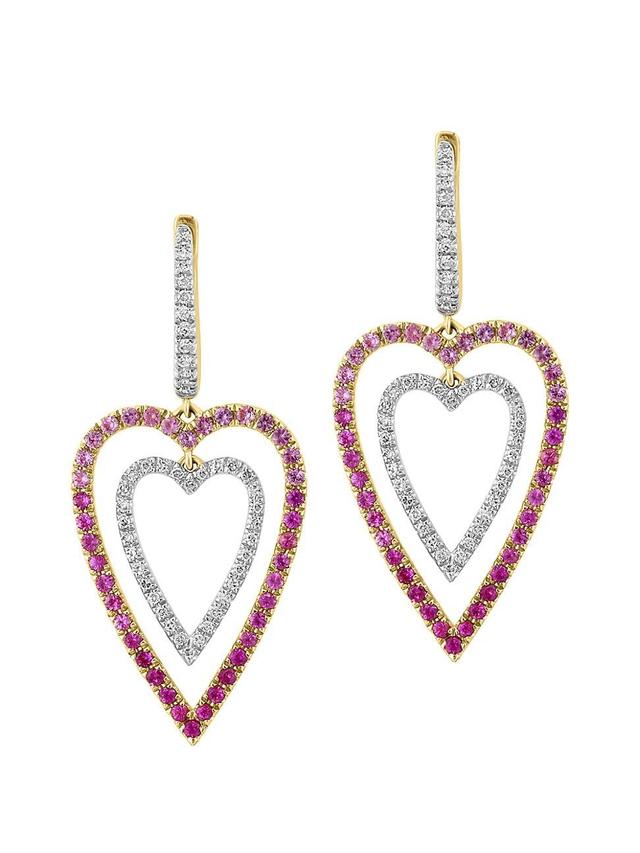 Womens 14K Yellow Gold, Pink Sapphire & 0.37 TCW Diamond Double-Heart Drop Earrings Product Image