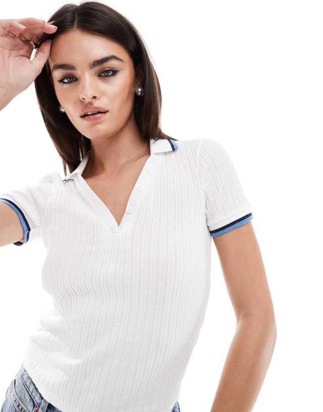 Miss Selfridge tipped notch neck polo top in white Product Image