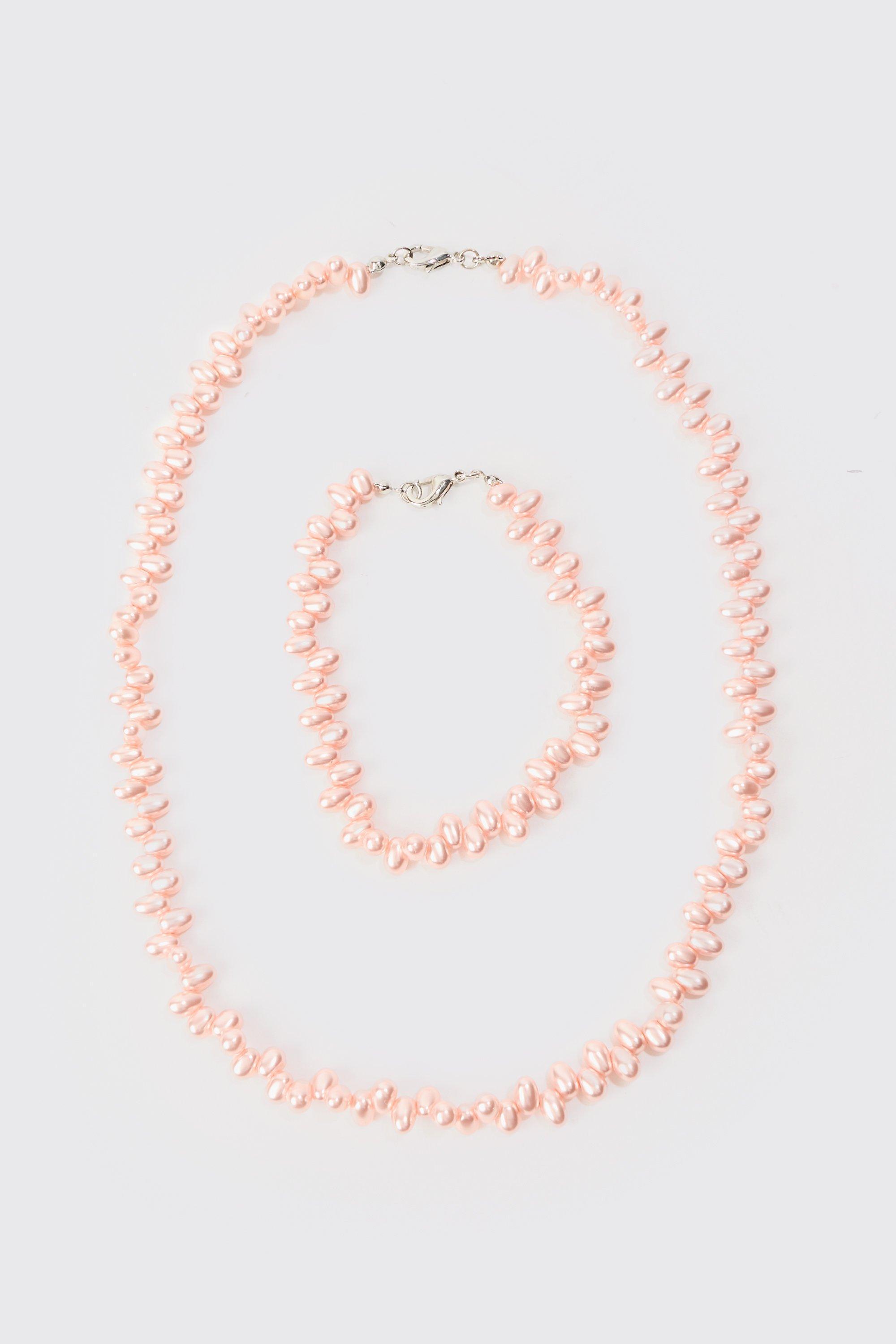 Pearl Bead Necklace & Bracelet Set In Pink | boohooMAN USA Product Image