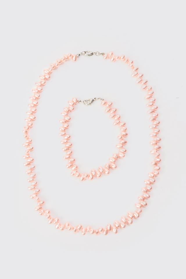 Pearl Bead Necklace & Bracelet Set In Pink | boohooMAN USA Product Image