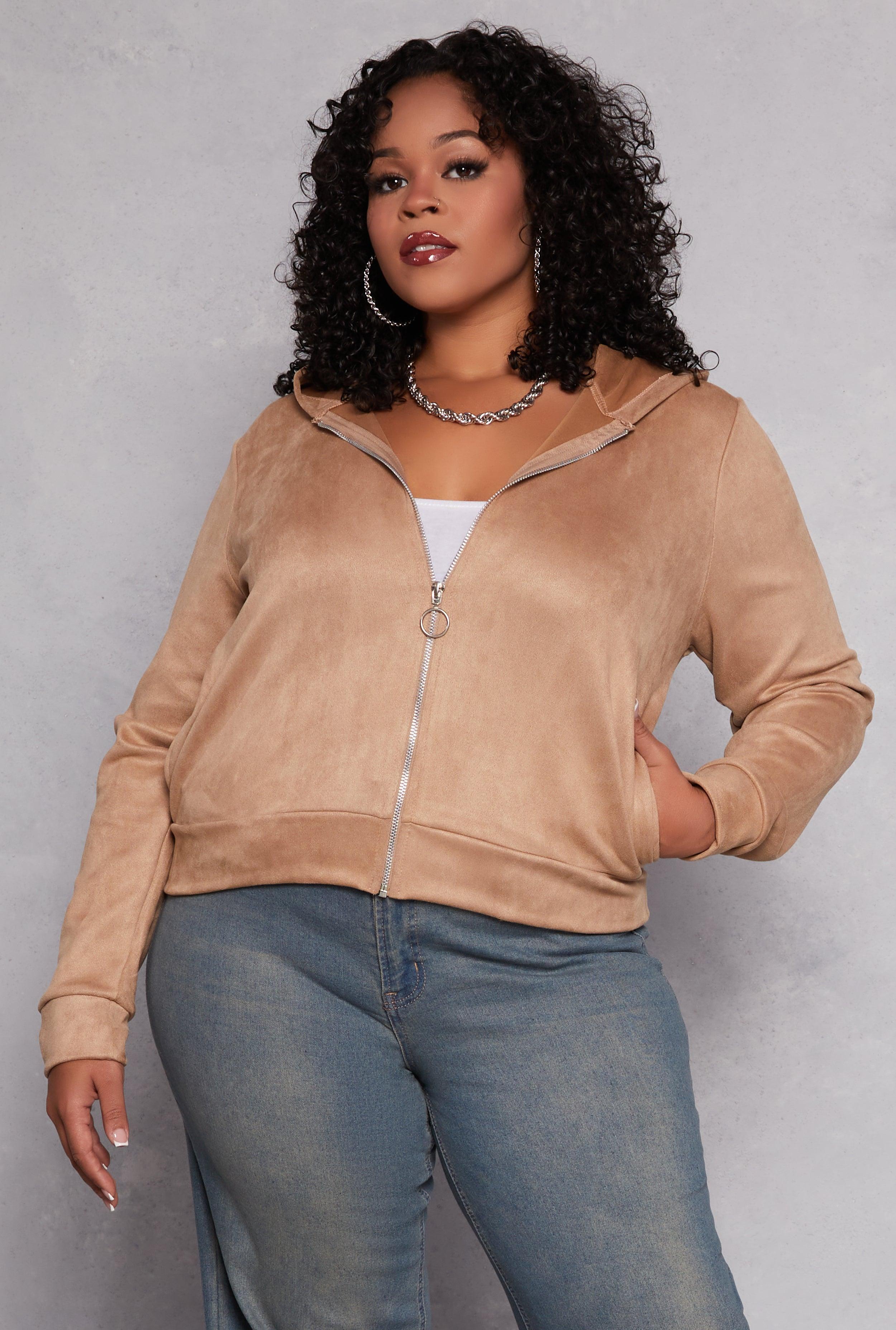 Womens Plus Size Faux Suede Zip Front Hoodie Product Image