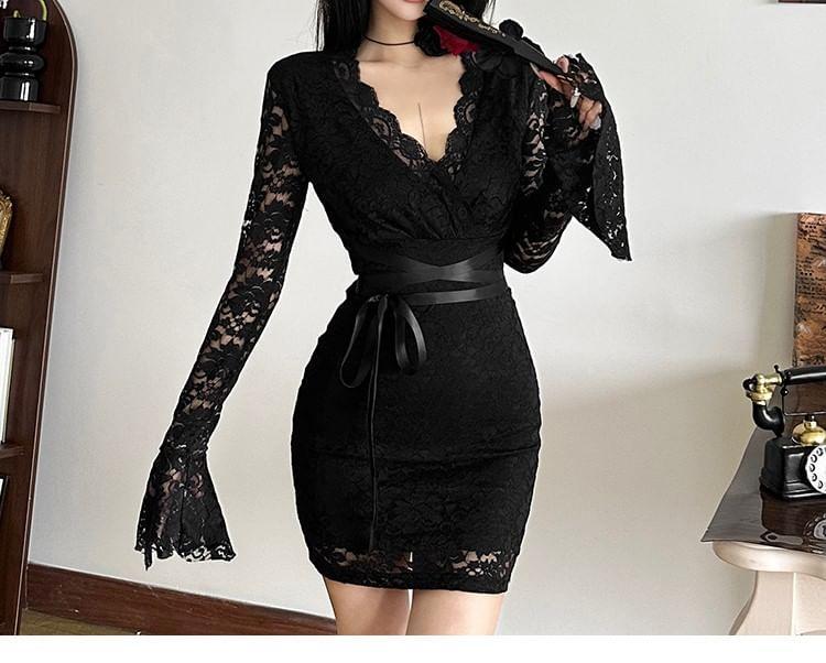 Long-Sleeve V-Neck Bow Lace Mini Sheath Dress Product Image