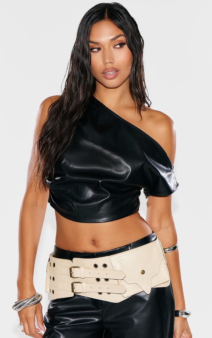 Black Faux Leather Ruched One Shoulder Asymmetric Crop Top product image