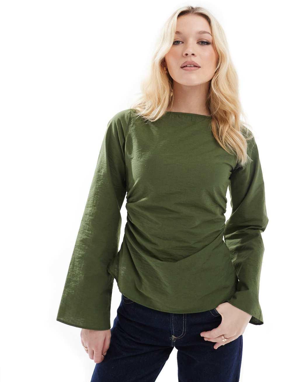 ASOS DESIGN slash neck gathered waist top in khaki Product Image