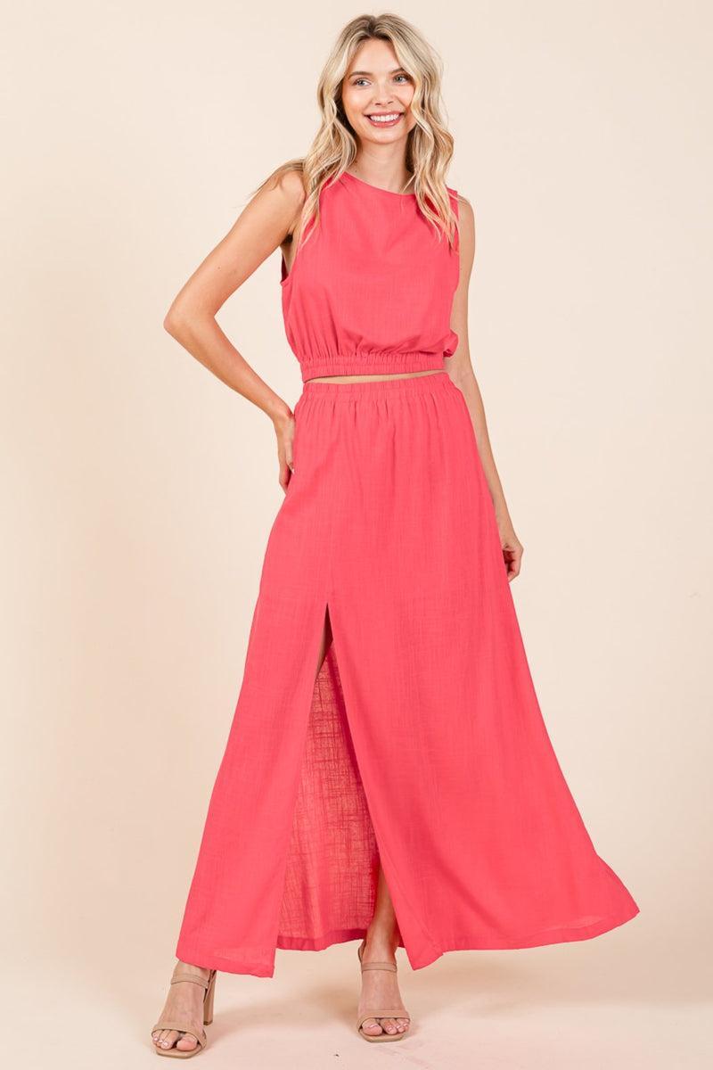 Linen Crop Top And Split Thigh Maxi Skirt Set Product Image