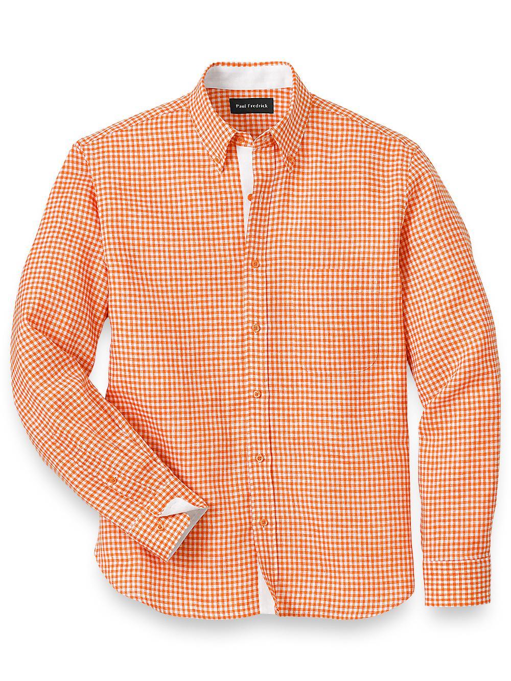 Linen Gingham Check Casual Shirt - Orange Product Image