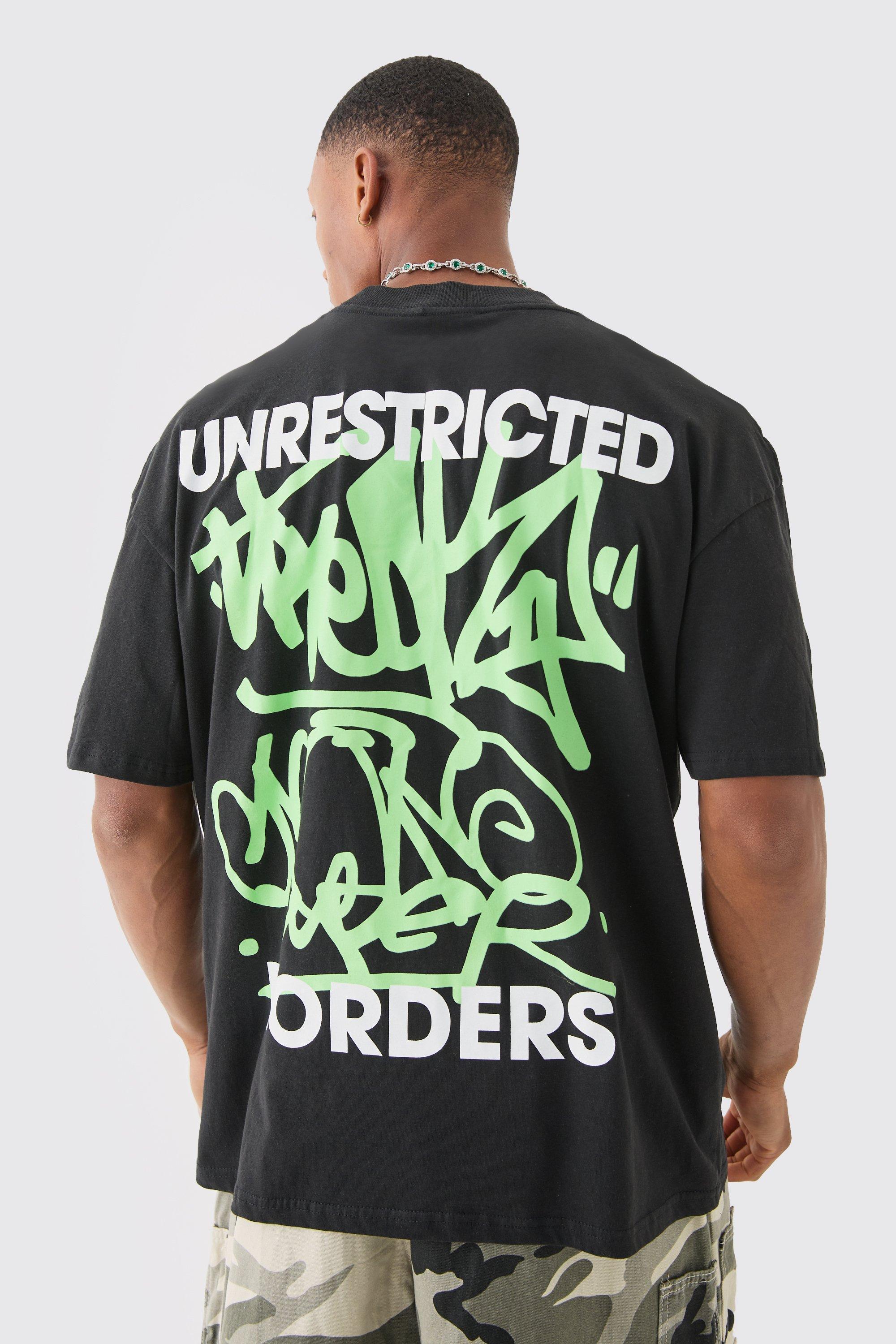 Mens Oversized Extended Neck Graffiti Black Print T-shirt, Black Product Image