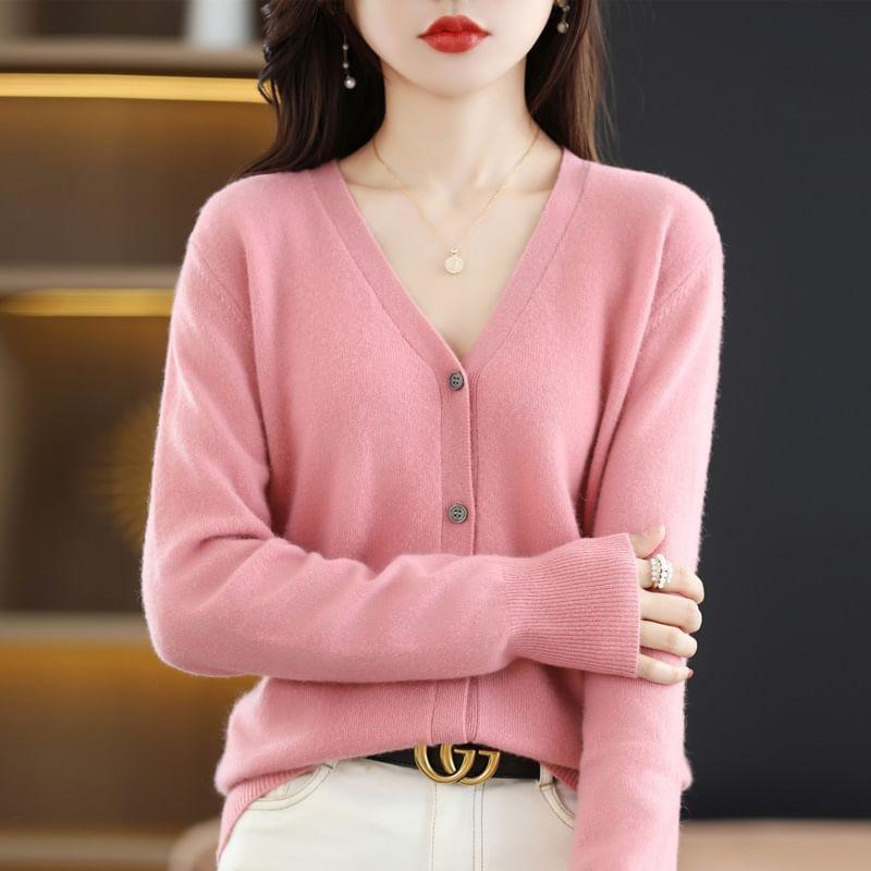 V-Neck Button-Up Plain Cardigan Product Image