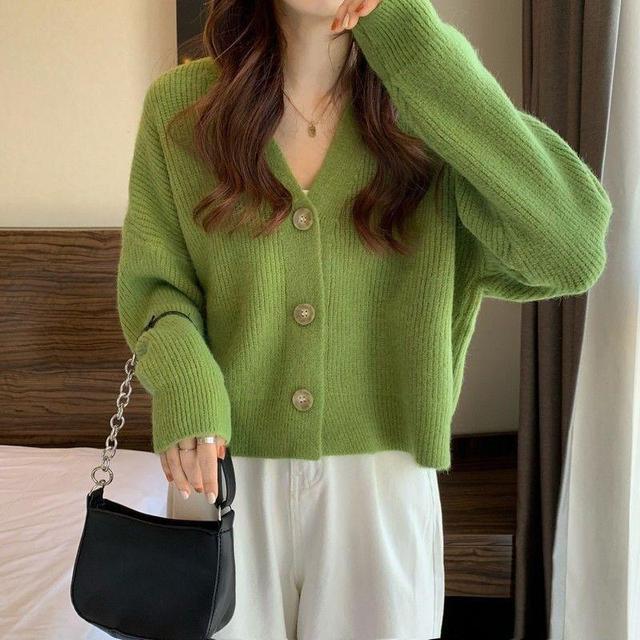 V-Neck Plain Ribbed Cardigan Product Image