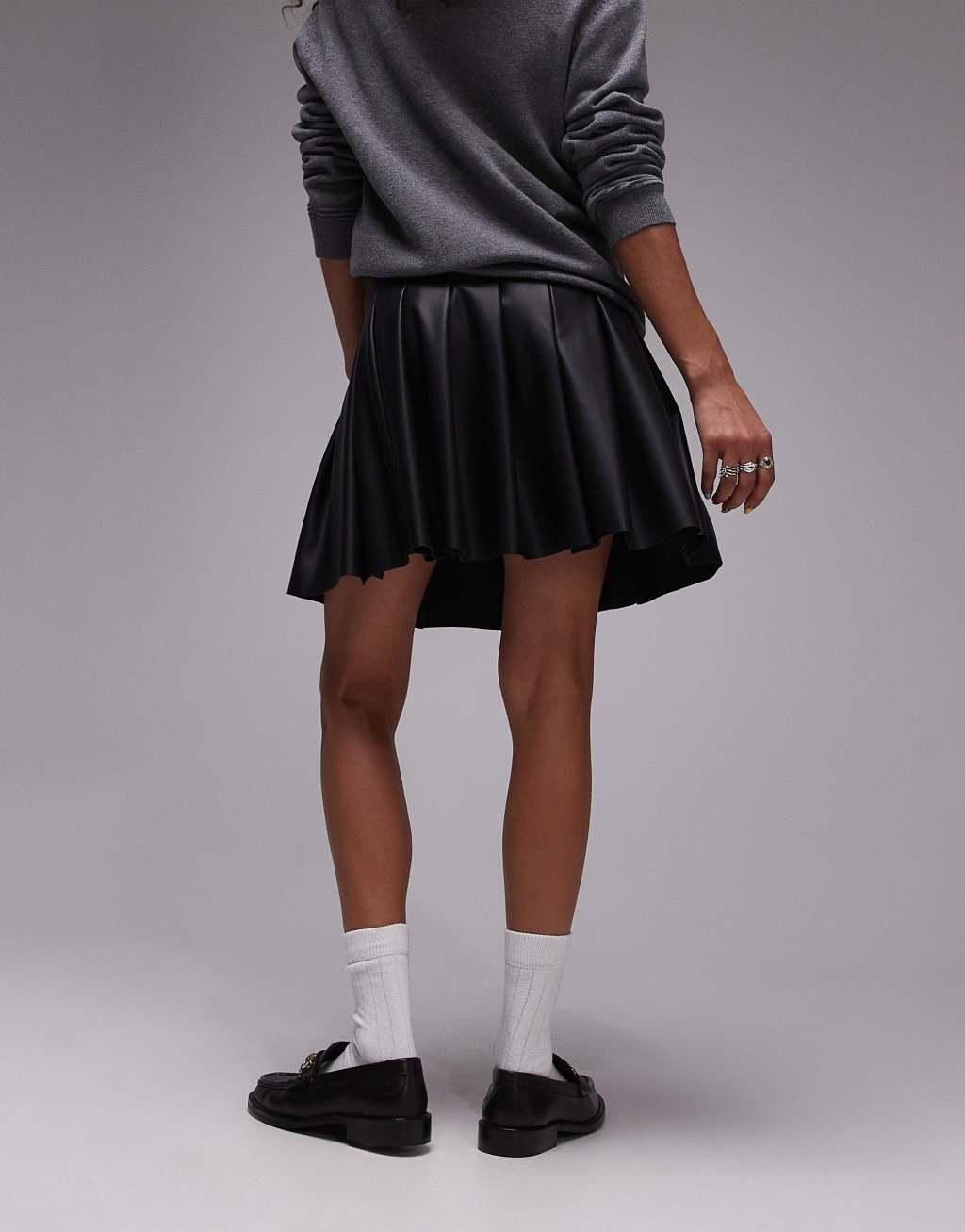 Topshop faux leather clean pleat mini skirt in black Product Image